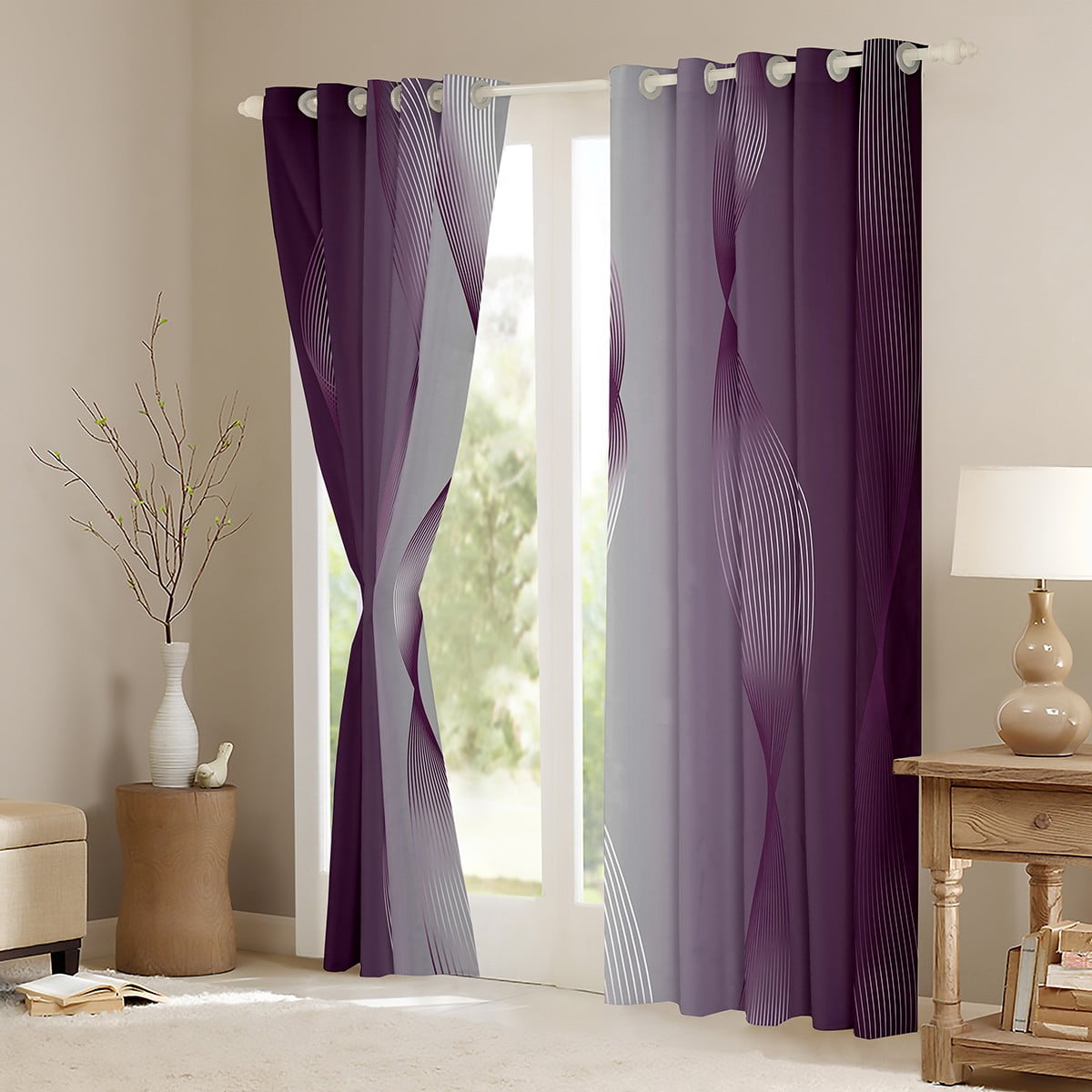Gradient Purple and Greyish White 30%-50% Blackout Curtains Ombre 2 Panels 42"Wx90"L Curtains & Drapes,Trippy Spiral Silver Wave Line Curtains,Abstract Art Room Decor Aesthetic