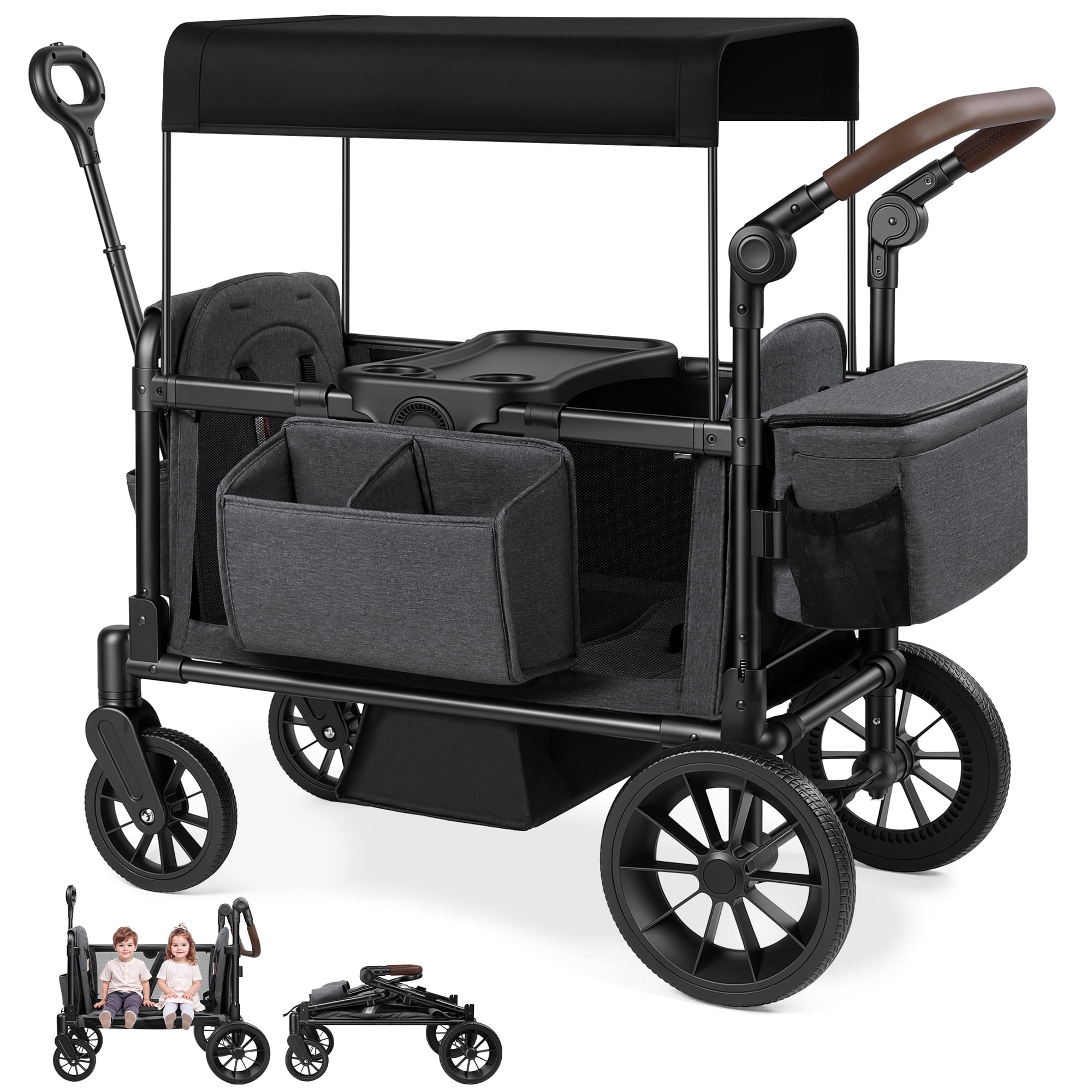 Vomeast Wagon Stroller with Tray,2-Seater Wagon for Kid,Side Entry,Gray