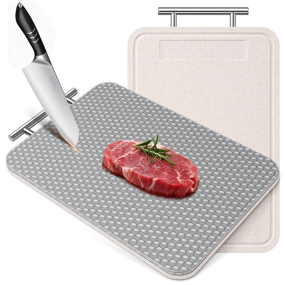 YEERSWAG Dual-Side Stainless Steel & Wheat Straw Cutting Board with Handle - Thick, Non-Slip for Meat, Bones, Dough, Easy Clean