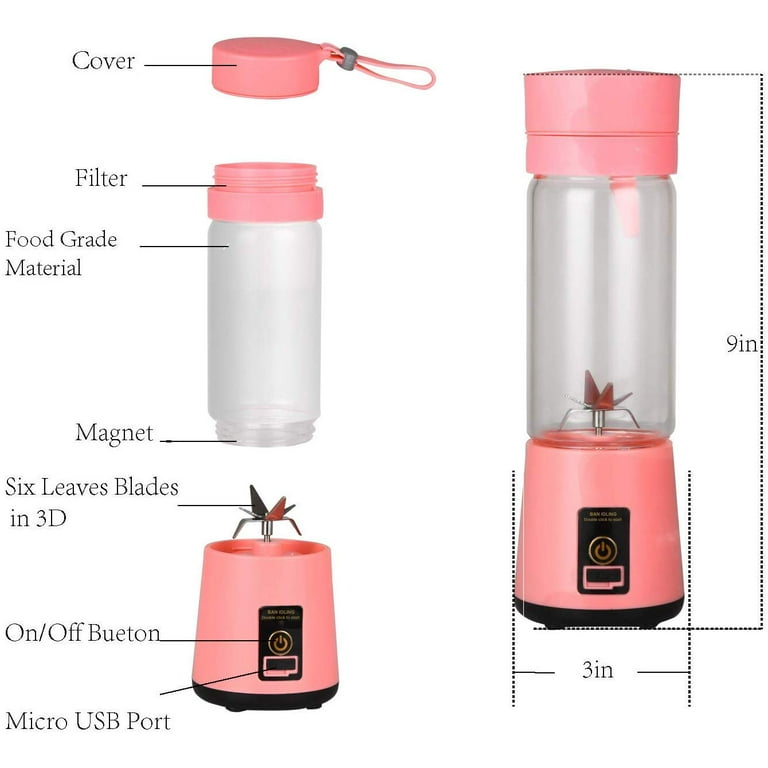 13.5Oz 6pcs 3D Blades Portable Juicer Cup Blender for Shakes and Smoothies  USB Rechargeable Personal Blender Food Mixer