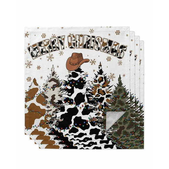 Western Christmas Tree Cloth Napkins Set of 4, Cowboy Xmas Tree Snowflake Washable Reusable Dinner Cocktail Napkin for Kitchen Party Wedding Banquet Holiday Baby Shower Table Decor