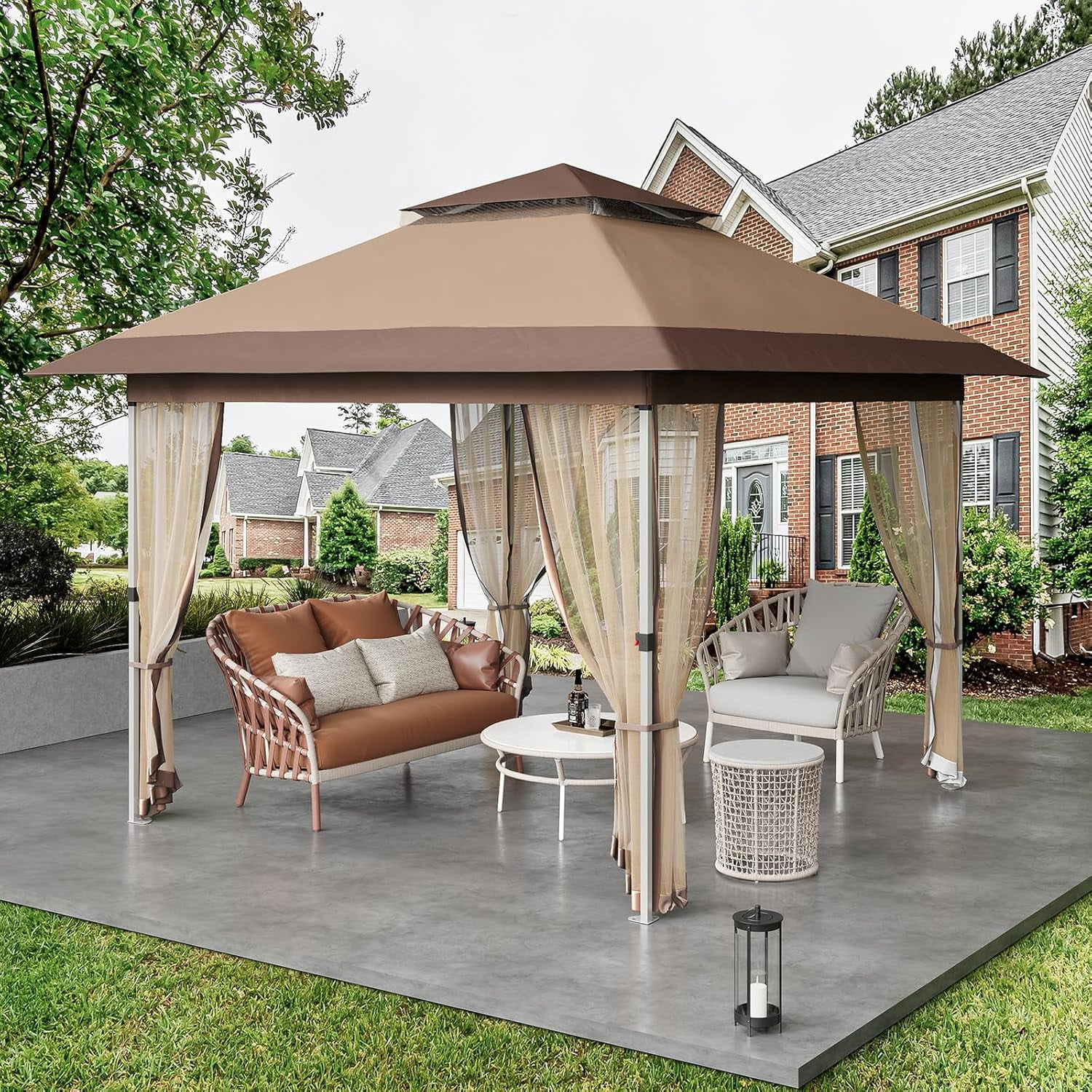 Senfot 12x12 FT Outdoor Folding Gazebo Canopy Tent with Mosquito Net Waterproof Windproof UV Resistant Khaki