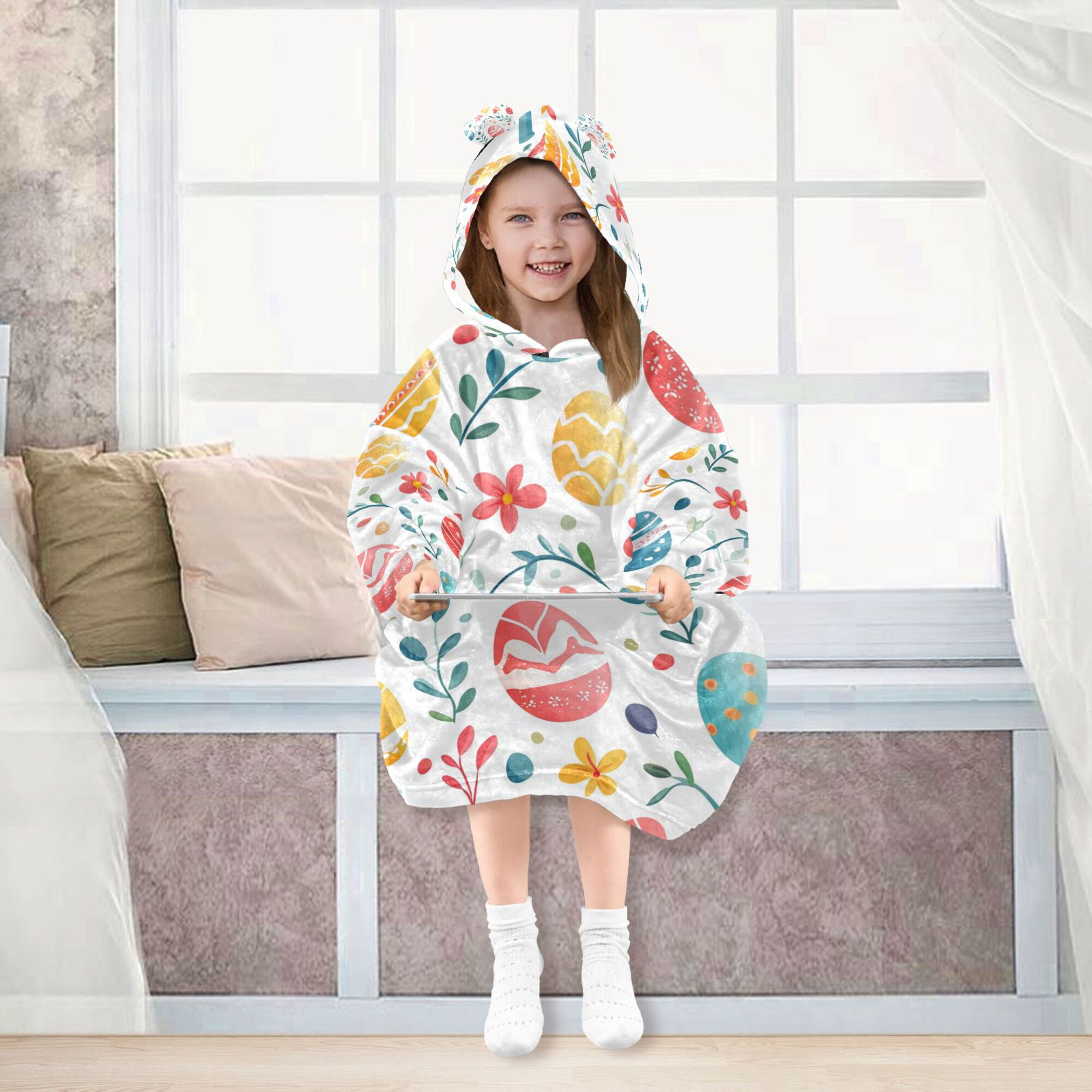 FORMRS Wearable Blanket Hoodie with Sleeves for Kids Cozy Flannel Sweatshirt, Cute Easter Eggs