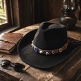 thumbnail image 5 of Qwertyu Cowboy Hat for Men Women Western Cowgirl Hat with Boho Belt Unisex Wide Brim Fedora Hat Black, 5 of 6
