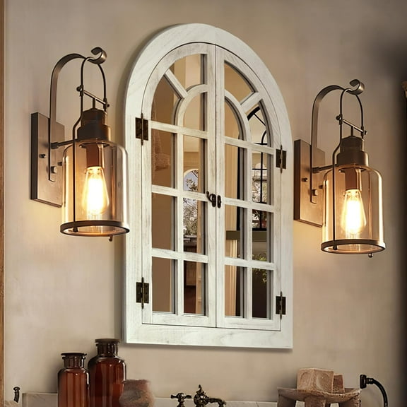 Window Mirrors for Wall Decor -White Arched Wall Mirror Farmhouse Wall Decor Wood Frame Decorative Wall Mirrors Like Window for Bedroom, Living Room, Entrance, Dining Room