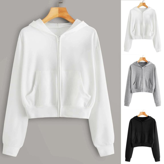 Pumxq Women's Lightweight Full Zip Hoodie, Hooded Sweatshirt, Cropped Hoodie, Full Zip Hooded Sweatshirt, Drop Shoulder, Fall Spring Transition Outfits White S