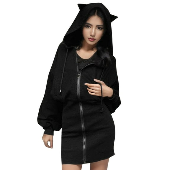 Women's Gothic Cat Ear Hoodie - Long Sleeve Zip Up Fleece Sweatshirt - Casual Cute Punk Style - S-XXL
