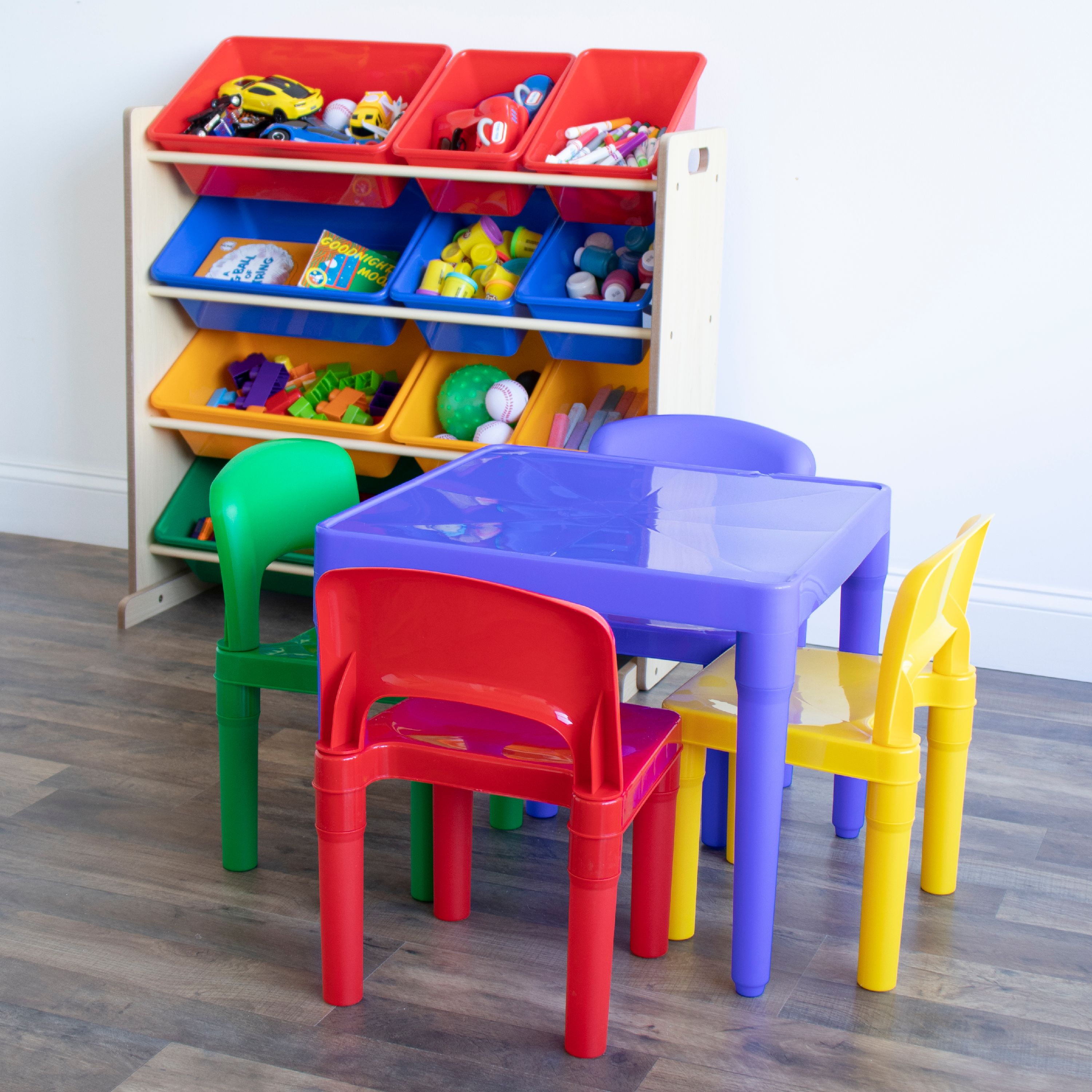 Humble Crew Kids Lightweight Plastic Table and 4 Chairs Set, Square, Yellow  Table & Red/Green/Blue/Purple Chairs 