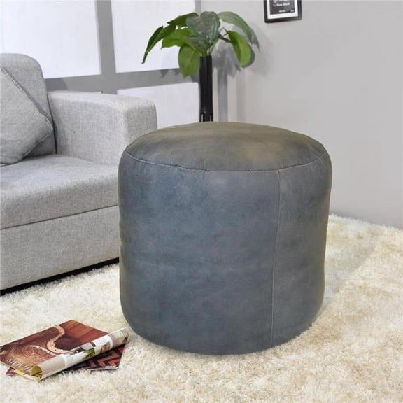 18 x 18 x 18 in. Solid Handmade Goat Leather Round Pouf, Gray