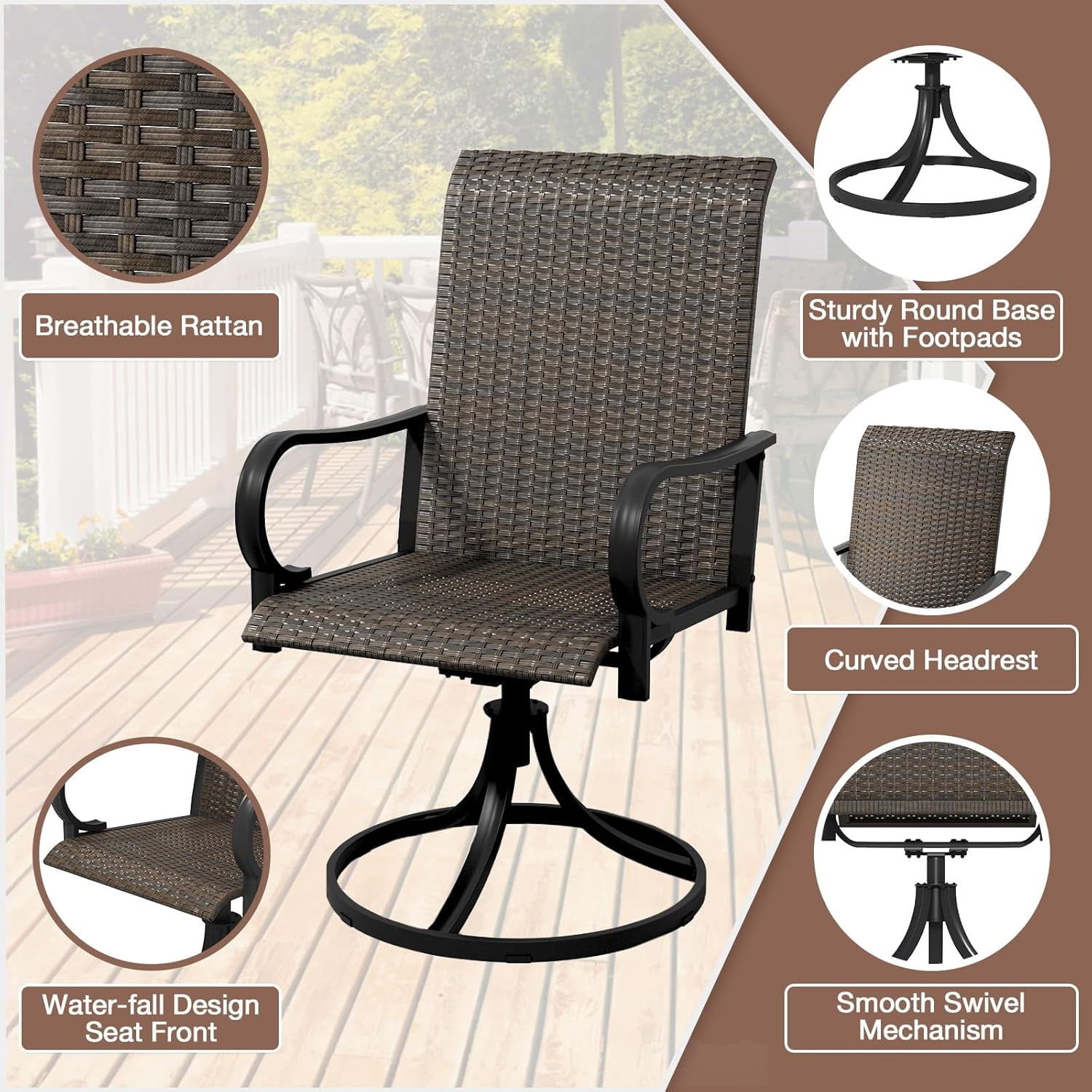 MELLCOM Patio Wicker Swivel Chair Set of 2, Heavy Duty Outdoor Dining Chairs with 26.8'' High Back, Extra-Large Water-Fall Seat, Rattan Porch Chair Gentle Rocker for Outside