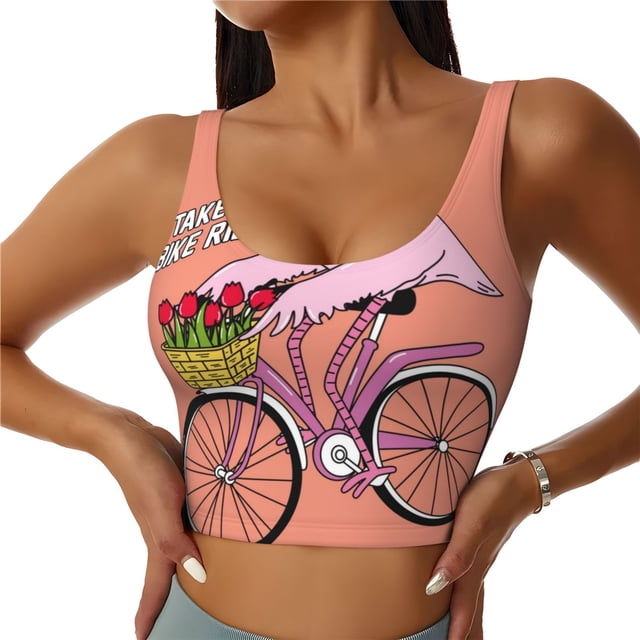 Fotbe Flamingo Riding a Bicycle Sujetador Deportivo Largo sin Aros para Mujer con Almohadillas y Soporte Medio, Transpirable y Absorbente, Camiseta Tipo Chaleco o Tank Top-Large