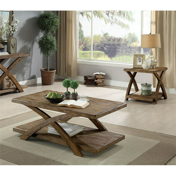 3 Piece Wood Coffee Table Set In Oak, Rustic Living Room Table Sets