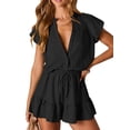 thumbnail image 2 of Summer Rompers for Women 2026 V Neck Short Sleeve Button Up Ruffle Jumpsuit Outfit with Pockets Black L, 2 of 9