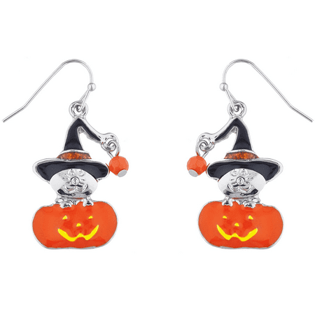 Enameled Witchs - Lux Accessories Silvertone Enamel Witch Pumpkin Halloween Charm Dangle Earrings