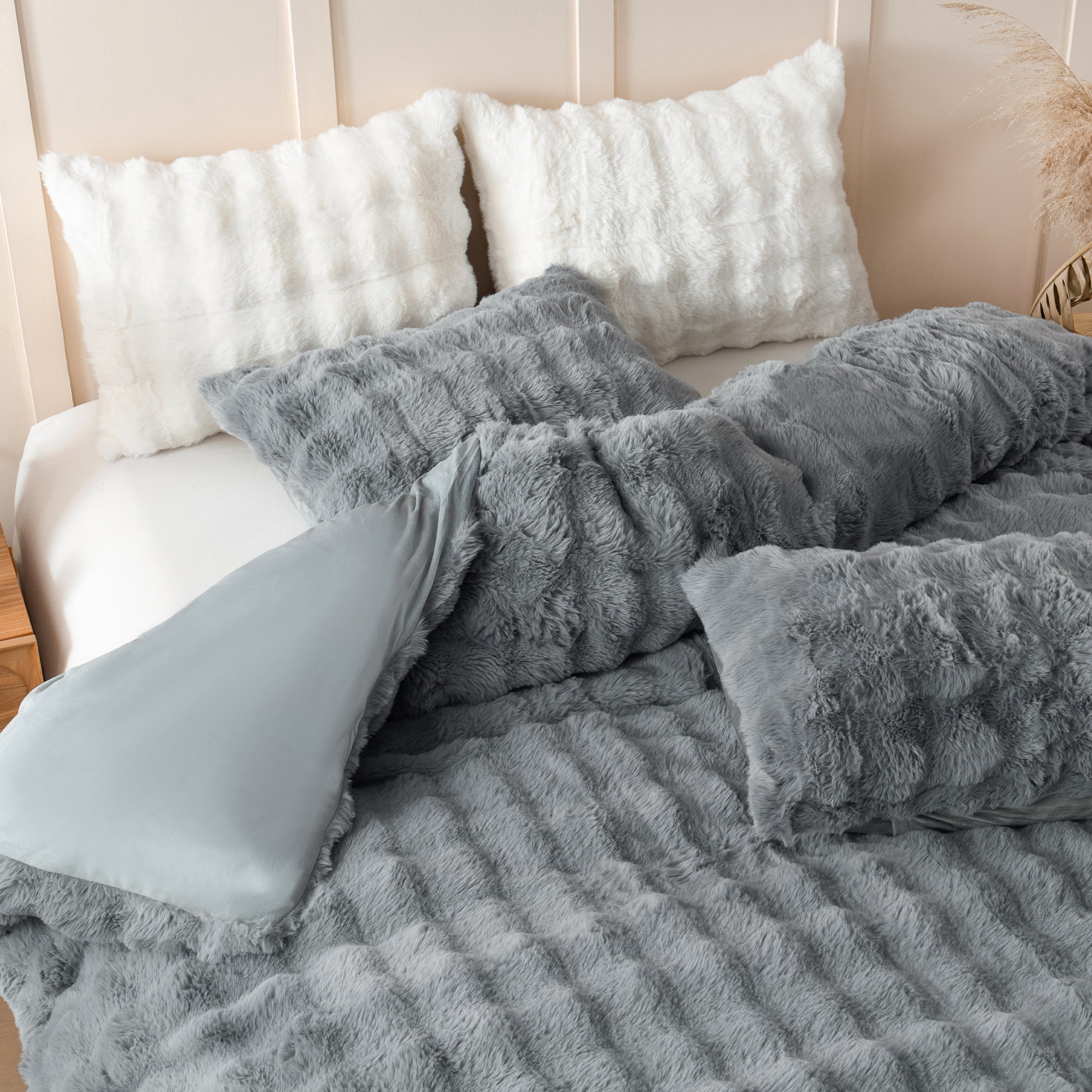 BLEUM CADE Fluffy Comforter Set King Size,Faux Fur Luxury Fuzzy Bedding Sets Light Gray,Shaggy Plush Duvet Cover Set with 2 Pillowcases