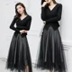 thumbnail image 5 of Falda de malla de cintura alta adelgazante con diseño de cielo estrellado para mujer, nueva falda de línea A de longitud media con parches de lentejuelas estilo 2024, 5 of 5