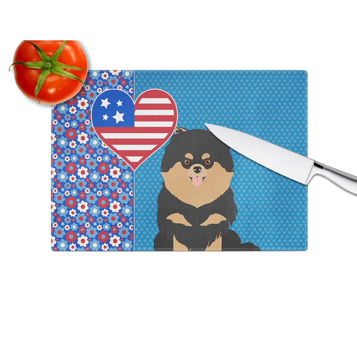 Black and Tan Pomeranian Glass Cutting Board Large 12 in x 15 in