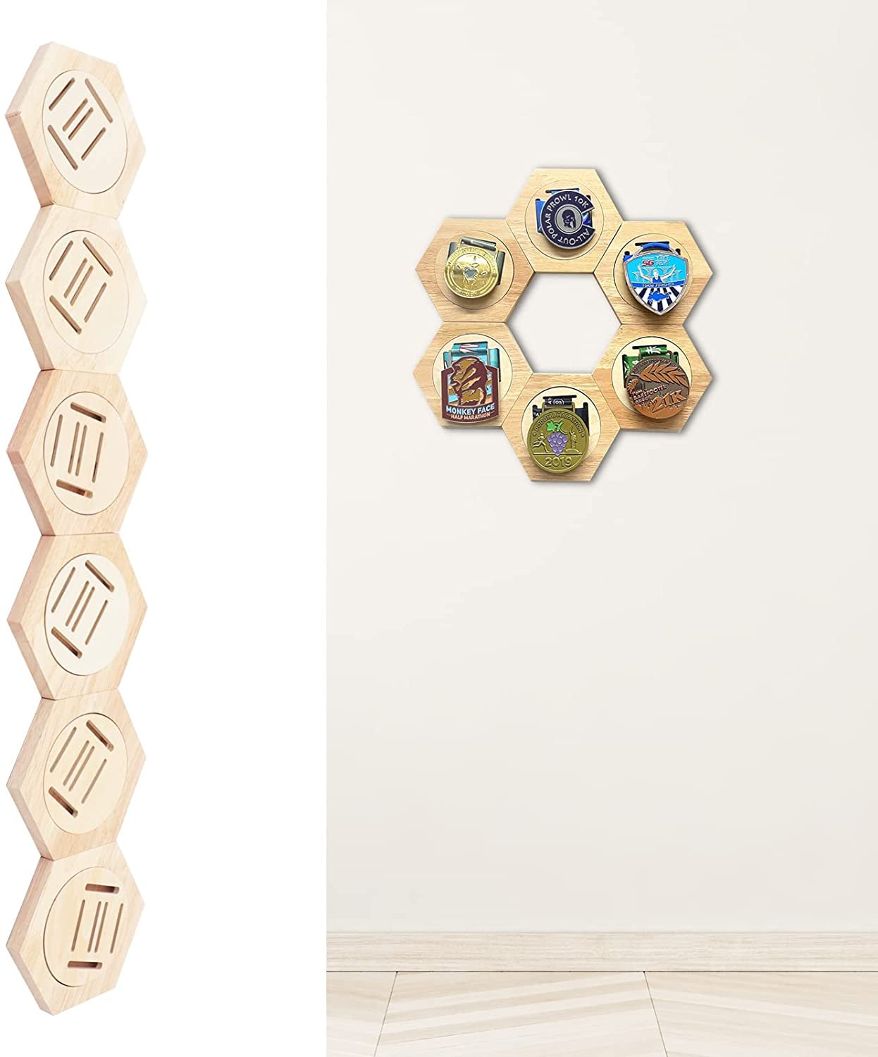 FETCOI Medal Display Hanger Rack Wooden Decoration Hexagon Honeycomb Medal Storage Case for Sports Medals, Track & Field, Military, Spartan, Races, Running, Marathons