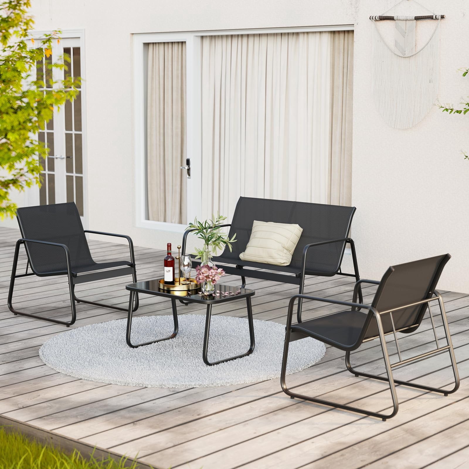 Outdoor Chairs Set of 4, Aiho All Weather Textilene Patio Furniture Set with Grass Top Table, Perfect for Yard, Poolside, Lawn, Black