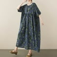 thumbnail image 6 of Womens Oversized Loose Dresses 1/2 Sleeve Retro Floral Maxi Dresses Maternity Cotton Pleated Casual Dresses Blue, Free Size, 6 of 7