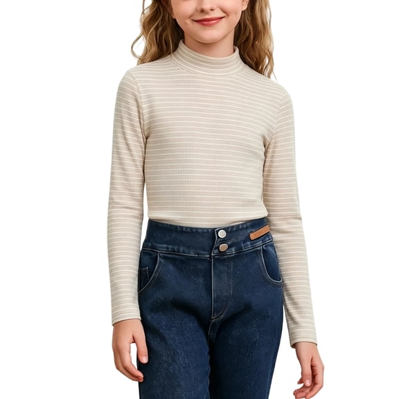 Khunlpohl 3-15 Years Girls Crew Neck Undershirts Striped Fleece Thermal Tops Casual Long Sleeve Comfortable Shirts for Kids