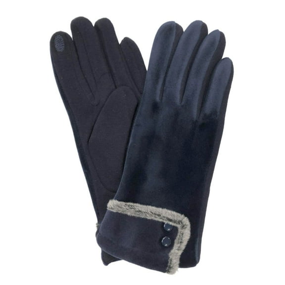 Womens Navy Blue Velvet Button Stretch Fit Text & Tech Touchscreen Gloves