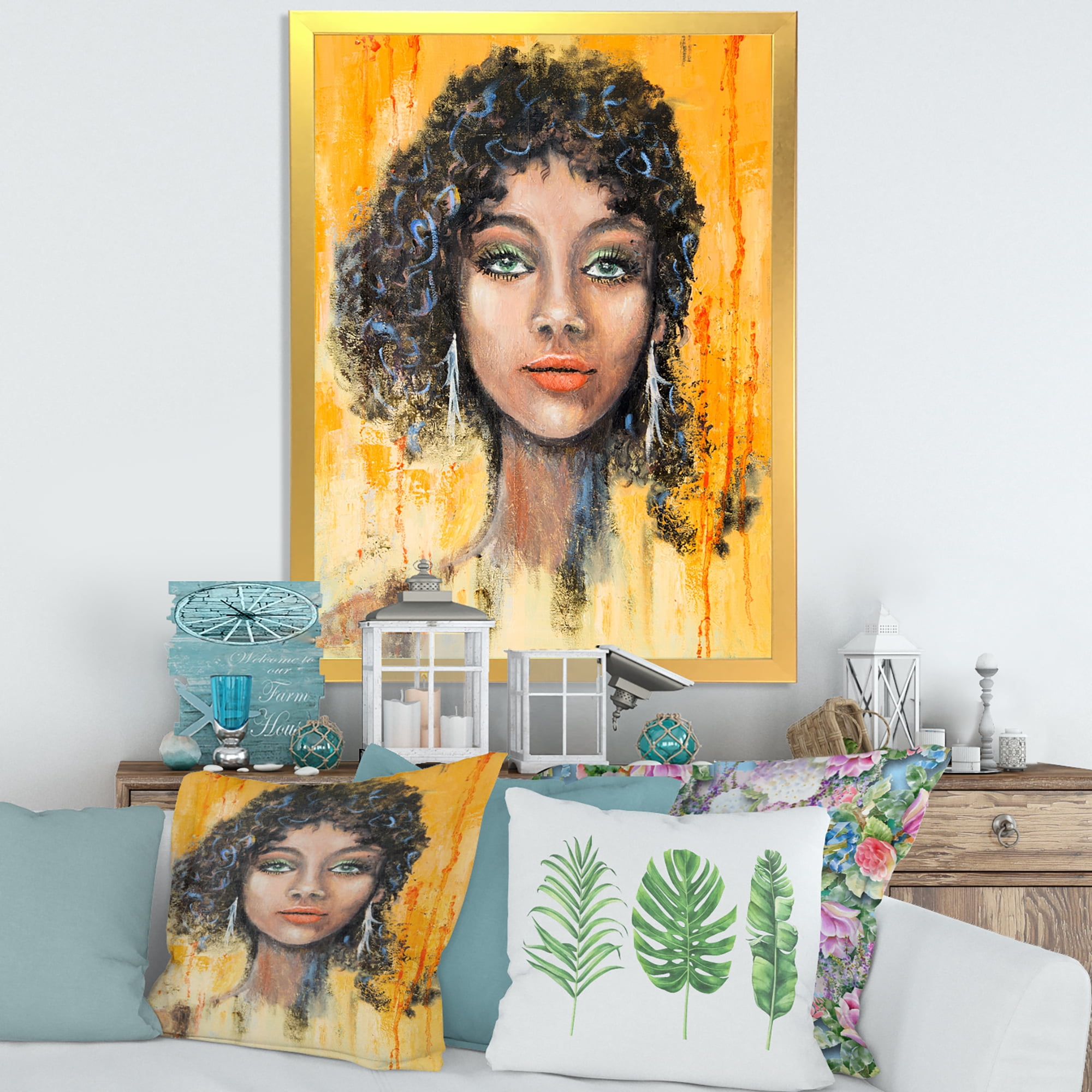 Designart 'Girl Face With Green Eyes & Black Hair Impression' Modern Framed Art Print