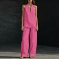 thumbnail image 5 of Evdexr Linen Sets for Women 2 Piece Sleeveless V Neck Tops Wide Leg Pants Outfit Set Boho Casual Vacation Beach Lounge Suits with Pockets Hot Pink M, 5 of 9