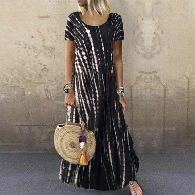 SMihono Robe Maxi Bohème d'Été pour Femmes Grande Taille Imprimé Teinture sur Nœuds Évasée Décontractée Robe d'Été Florale à Manches Courtes Femmes Robe pour Femmes Robe Mini Robe de Plage Évasée Robe d'Été