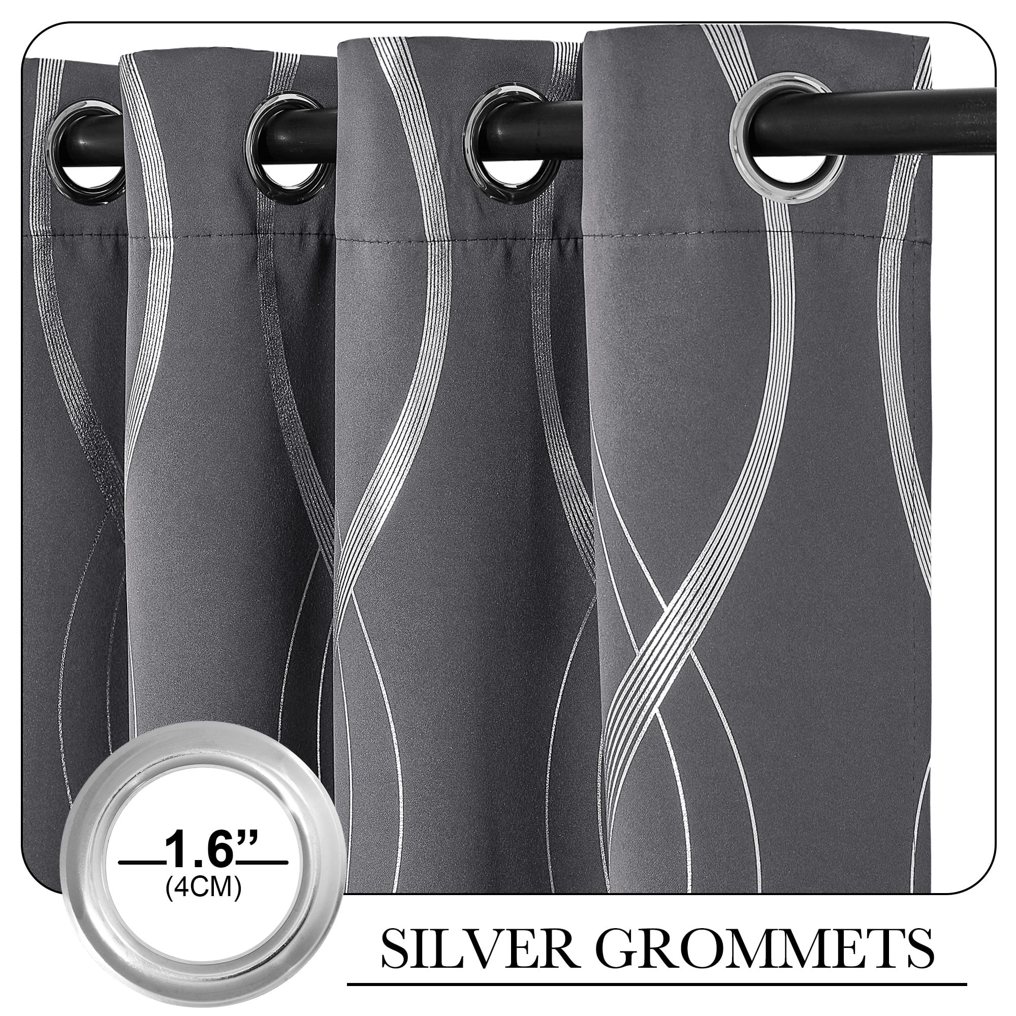 NICETOWN Living Room Curtains Blackout Length Wave Line Foil Print Grommet Room Darkening Curtains Thermal Insulated Bedroom Curtains, Gray, 42x84 inch, 2 Panels