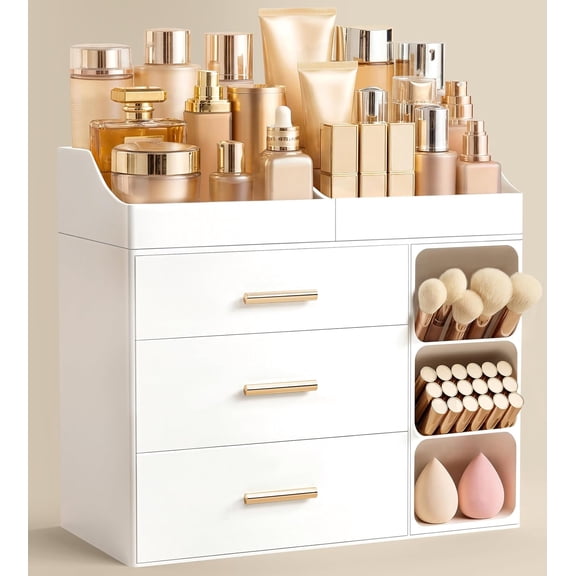 HBlife Makeup Organizer Countertop with Brush Holder, Vanity Bathroom Organizers with Drawers, All White