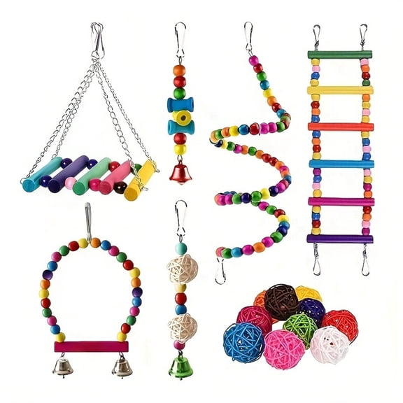 Chew Toys Set for Cage Birds, Natural Wooden Swing, Colorful Blocks, Bells, and Ladders, Safe Accessories for Small to Medium Birds