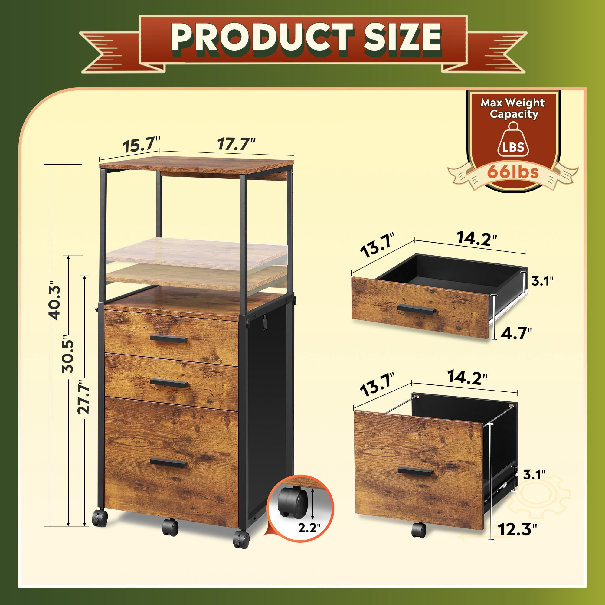 GALAXHERO Wood File Cabinet with 3 Drawers, Mobile Printer Stand with Adjustable Height for Home Office, Rustic Brown