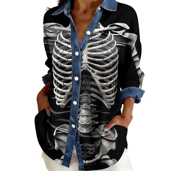 Bovemsi Workout Tops for Women Comfort Denim Collar Front Patchwork Long Sleeve Button Detail Tops for Women Trendy L