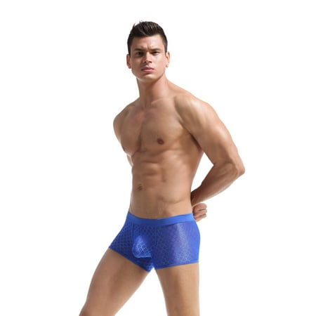 

Toyella New Men s Boxer Briefs Nylon Ice Silk Net Yarn Lace U Convex Three-dimensional Sky Blue L European Code