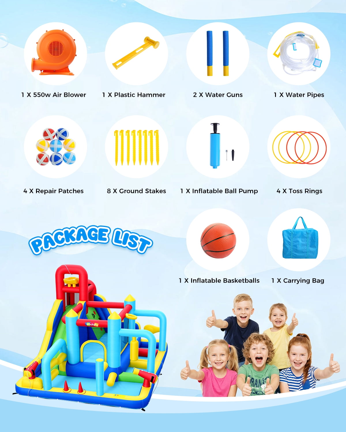 Adnoom Inflatable Water Slide w/550W Blower,Obstacle Bouncy House for Kids 3~10, Wet&Dry Backyard Bounce House w/Jumping Area,Pool,Slide,Climbing Wall,Water Gun, Basketball Hoop