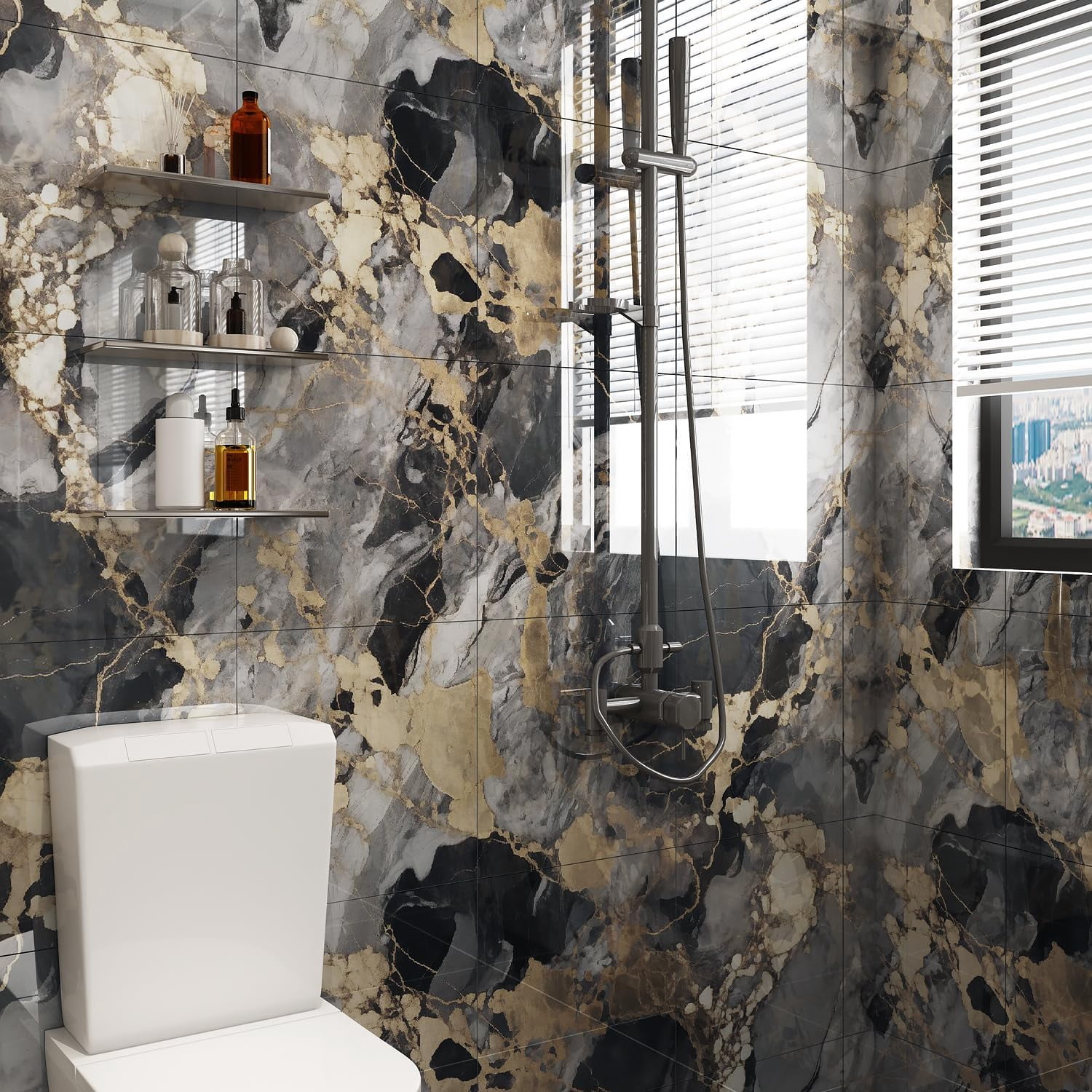 30PCS Marble Peel & Stick Backsplash Wall Tiles, Peel Stick Tile, PVC Foam Wall Panels for Kitchen,Bathroom,Living Room - Black&Gold