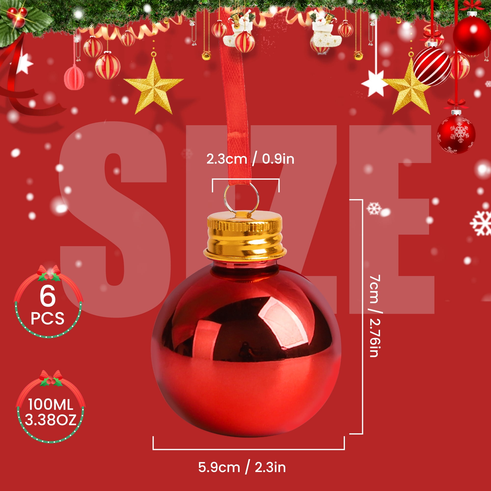Fillable Christmas Ornament Balls, 6-Piece Reusable Plastic Tree Hanging Decorations, 3 oz Gold-Plated Baubles for Holiday Displays and Gift Exchanges
