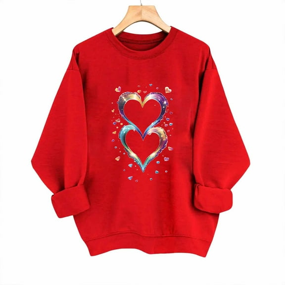 GUZOM Womens Blue Valentine's Day Sweatshirt - Heart Print Relaxed Fit Crew Neck Casual Top, Easy Care Polyester Valentines Gift for Her,Size S
