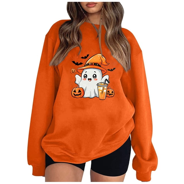Pisexur Chandail en Molleton Halloween pour Femmes Manches Longues Col Rond Chandails en Molleton Mode Citrouille Graphique Chandails en Molleton Halloween Chandails à Capuchon Chandail Tops
