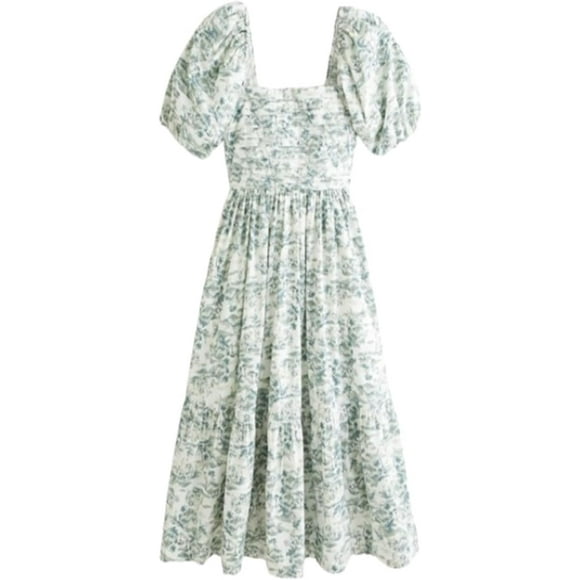 Hive Babe Dress Poplin Puff Sleeve Midi Dress,Women Summer Casual Flowy Beach Floral Pockets Ruffle Maxi Dress (1pcs-light green,Medium)