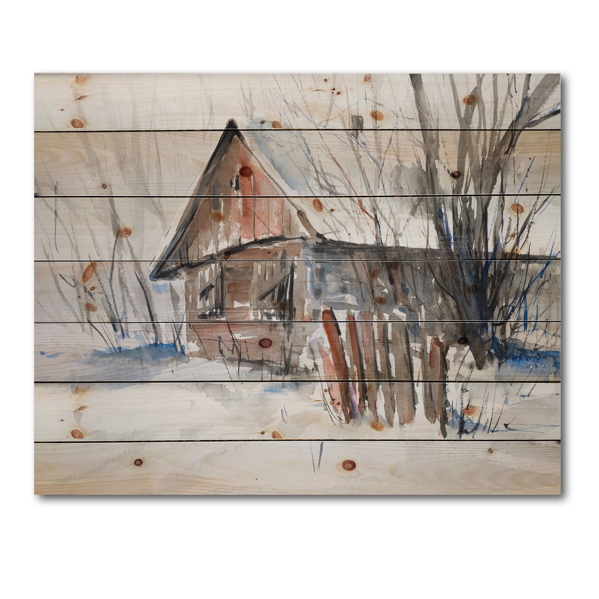 Designart 'Old Abandoned Wooden House In Winter Snow Picture' Traditional Print on Natural Pine Wood