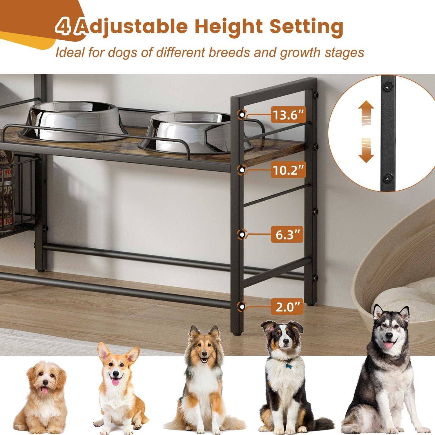 Elevated Dog Bowls Stand for X-Large & Large Breed, 7 Adjustable Heights from 2"-22" Raised Dog Feeding Station with Toy Bin Basket, Lifted Dogs Food Bowl Holder Cabinet Pet Storage Organizer