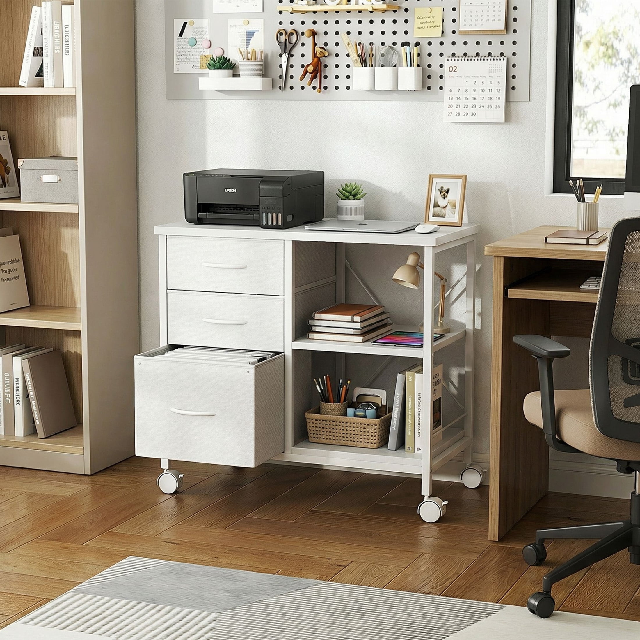 EDX 3 Drawer Mobile File Cabinet, Rolling Storage Cabinet with Open Storage Shelf, Fabric Lateral Filing Cabinet for Home Office, White