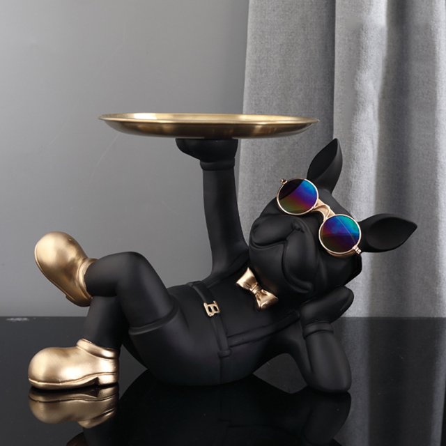 Estatua de resina para perro, 1 bandeja de metal, adorno de perro Bulldog fresco para regalo (negro)