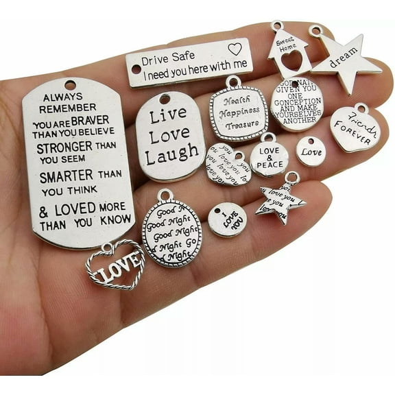 U8MO 10 Quote Charms Word Pendants Antiqued Silver Mixed Lot Assorted Inspirational