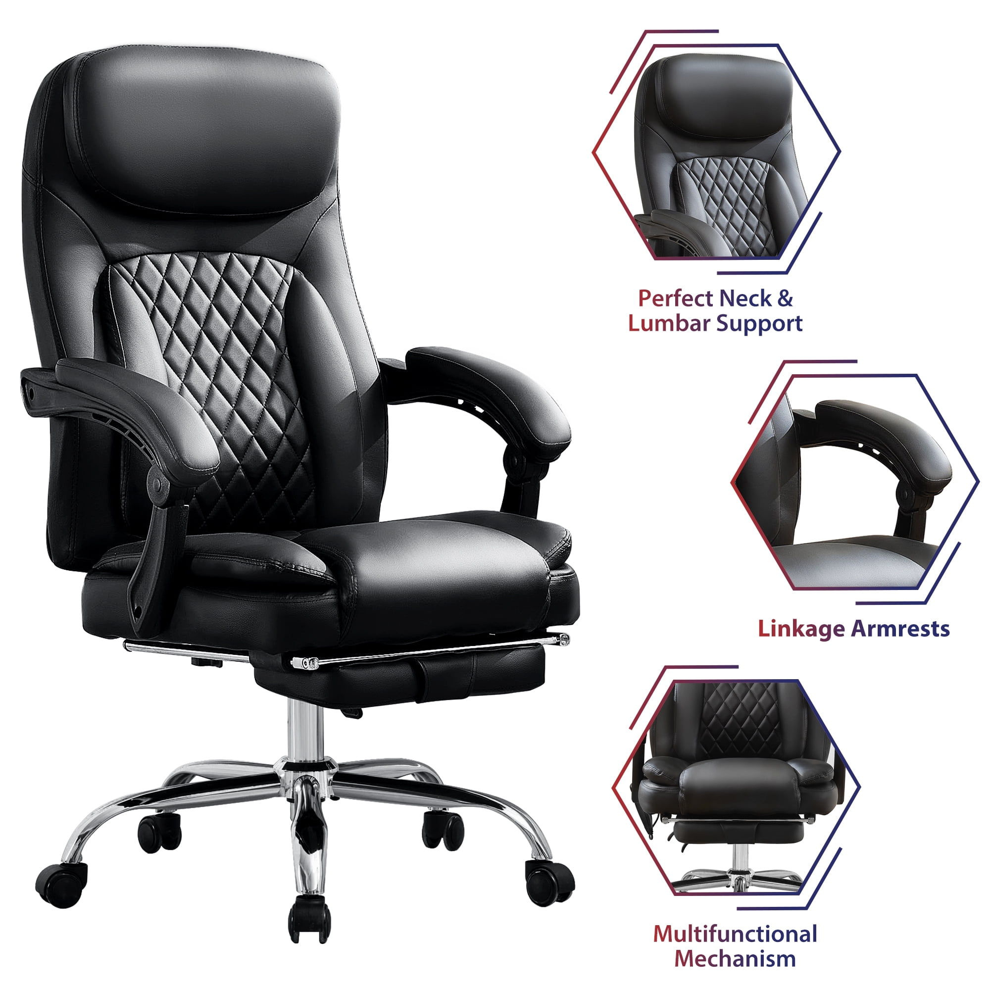 JONPONY Big and Tall Office Chair 500LBS Executive Office Chair Massage and Footrest Ergonomic Computer Desk Chair Reclining High Back Leather Office Chair Lumbar Back Support Swivel Rolling,Black