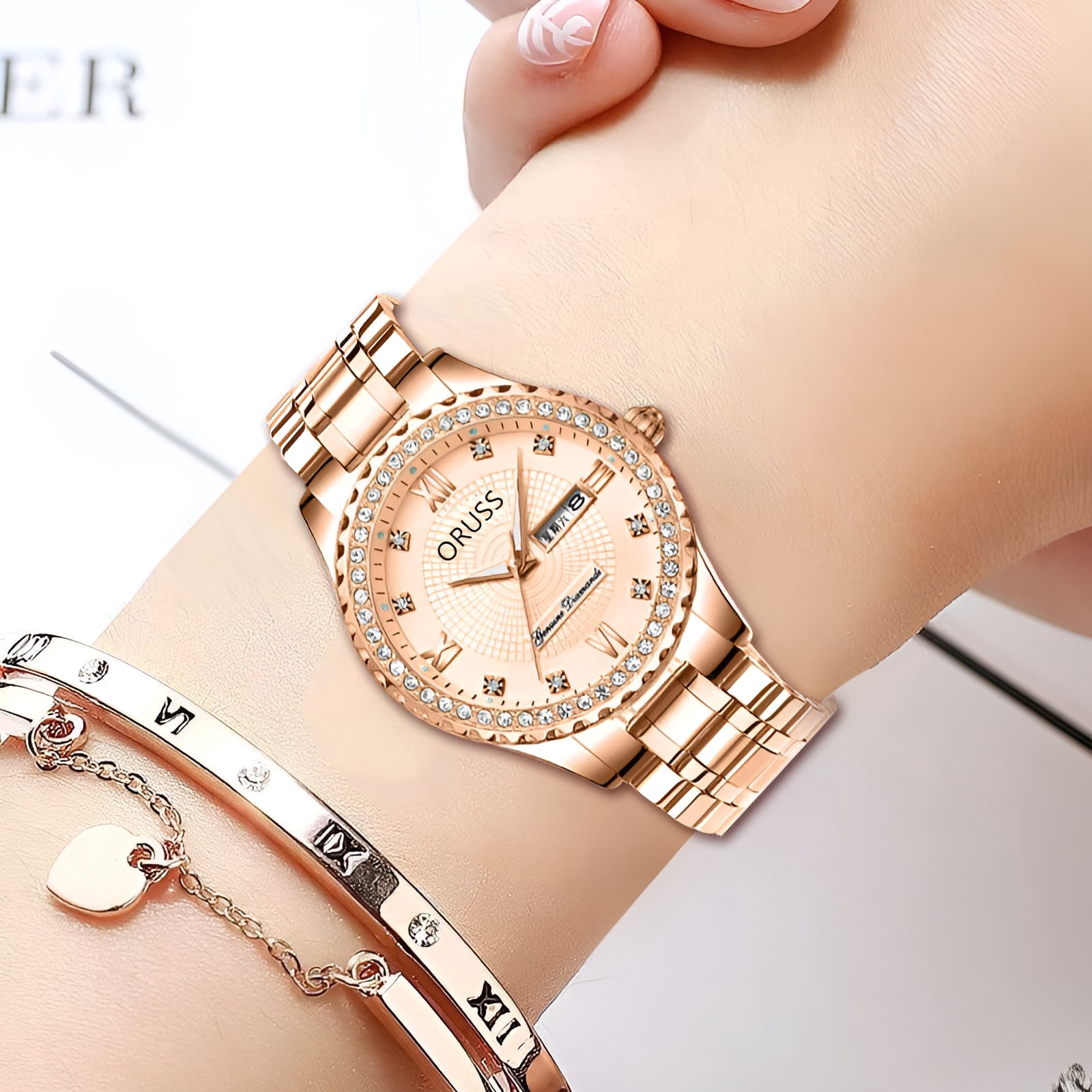 Women's Diamond Quartz Watch, Date Day Display, Luminous, Stainless Steel Band, Luxury Wristwatch