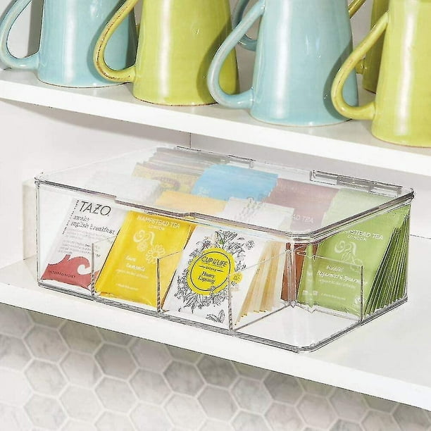 Subolong Kitchen Cabinet Organizers Tea Storage Boxes Plastic Tea Box 8 Compartments Holds Up To 100 Tea Bags