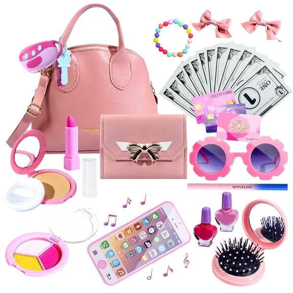 Little Girls Pretend Play Purse Set - 31 Pieces Including Handbag, Makeup, Sunglasses, Smartphone, Musical Phone, Car Keys - Ages 3-6